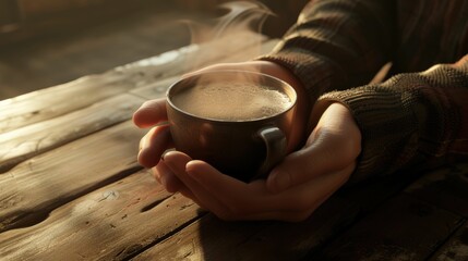 The close up picture of the person is holding the cup of the coffee by their own hand that has been rest on the table made from wood in the cozy warm feel inside the room for the relaxation. AIG43.