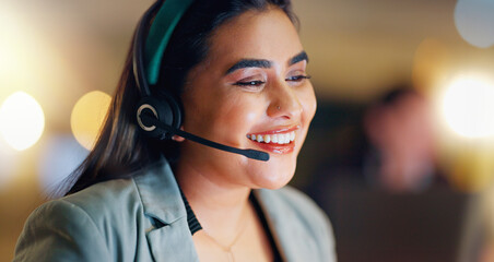 Happy woman, call center and headphones for communication at night in office for customer service and virtual assistance. Face, consultant and questions for support, contact and telemarketing advice