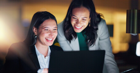 Laptop, tablet and collaboration with business people at night in the office together for teamwork....