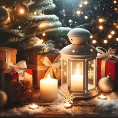 A cozy winter setting complete with a glowing lantern, gifts, and festive decorations.