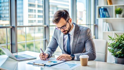 Entrepreneurial Strategy Session: A focused entrepreneur working alone, marking critical points on a financial chart in a bright office, symbolizing strategic planning and self-reliance.
