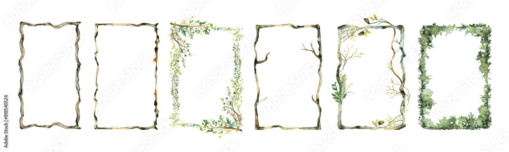 Wall mural set collection of frame border floral tree branches form rectangle shape. rustic arch hand drawn wat