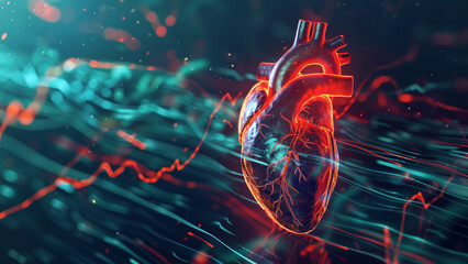 Futuristic Heart Illustration with Neural Networks and Data Streams Highlighting Cardiovascular Technology