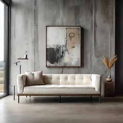 A couch in a Room with a mockup poster empty white and used for printing card design realistic has illustrative.