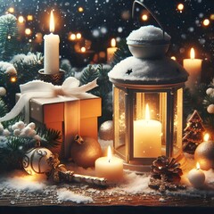 An enchanting winter featuring a luminous lantern, presents, and decorative ornaments.