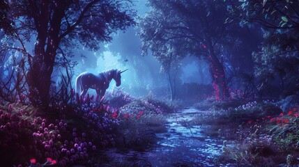 Enchanted forest with glowing flora, misty air, and a mysterious path bathed in ethereal moonlight, a unicorn grazing in the background