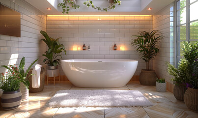 Fototapeta premium Modern Luxurious Bathroom with Freestanding Bathtub Surrounded by Lush Greenery, Elegant Lighting, and Warm Wooden Floors