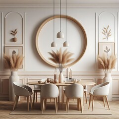 A dining Room with a mockup poster empty white and with a round frame and a table with white chairs used for printing lively harmony lively.