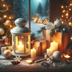 A festive winter scene with a lit lantern, presents, and decorations.