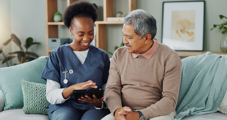 Tablet, healthcare and black nurse in home by senior man, internet and communication on wellness on...