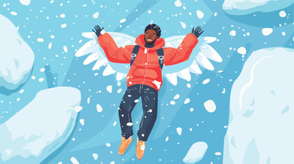 Black man making snow angel wings prints lying in sno