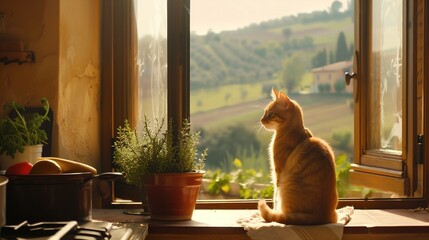 a cute orange cat sitting on a windowsill facing Tuscan countryside view - Powered by Adobe