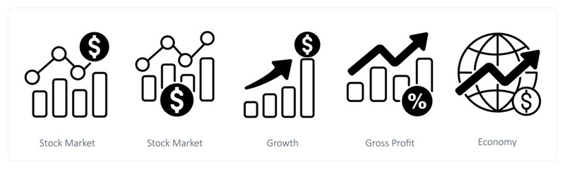 A set of 5 Banking icons as stock market, growth, gross profit