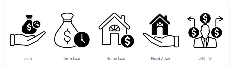 A set of 5 Banking icons as loan, term loan, home loan