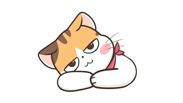 Animated Cat Lying Down Smiling - White Background