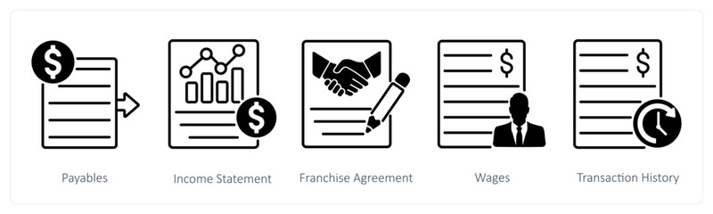A set of 5 Banking icons as payables, income statement, franchise agreement