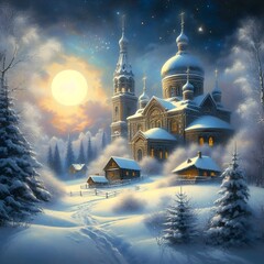 Beautiful painting capturing a church in a snowy setting under the full moon.