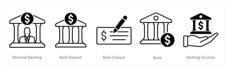 A set of 5 Banking icons as personal banking, bank deposit, bank cheque