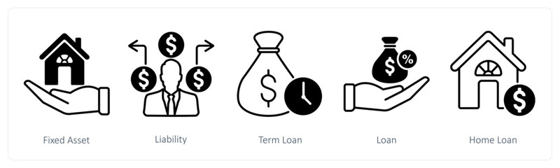 A set of 5 Banking icons as fixed asset, liability, term loan