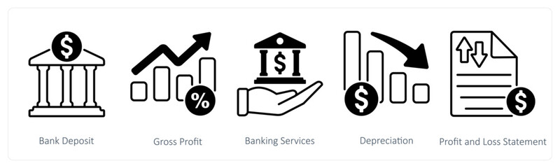 A set of 5 Banking icons as bank deposit, gross profit, banking services