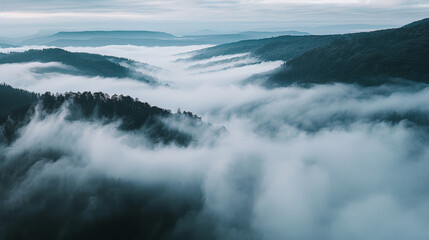 Fototapeta premium Misty Majesty: Aerial View of Fog-Clad Mountains. Generative AI