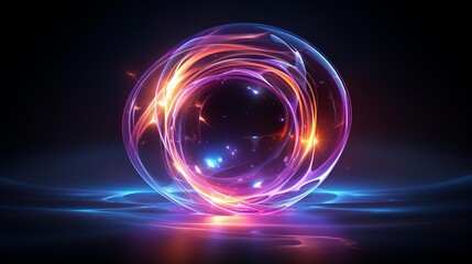 Bright, glowing energy sphere with radiant light trails, floating in space against a dark backdrop, capturing a sense of power and motion