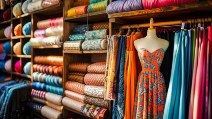 Colorful textiles and a patterned dress on a mannequin in a bustling fabric store, showcasing a variety of materials.