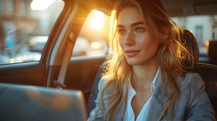 Ambitious Businesswoman Working on Laptop in the Back Seat of Car During Sunset