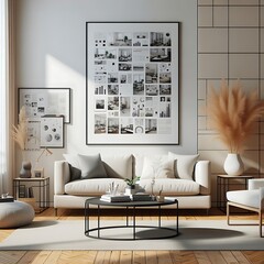 A living Room with a mockup poster empty white and with a couch and coffee table art image meaning harmony.