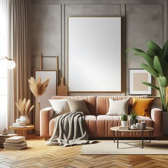 A living Room with a mockup poster empty white and with a couch and plants art meaning card design meaning.