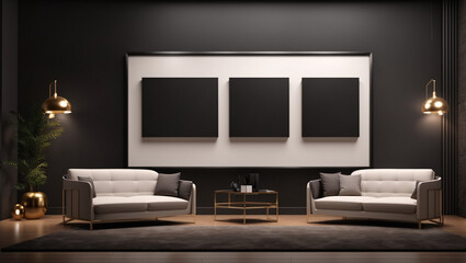 A dark-themed living room with a couch, three empty frames on the wall,