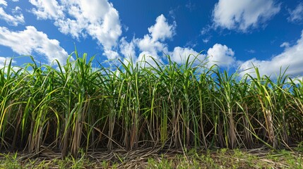 Fototapeta premium Giant sugar cane stalks under a bright sky, fields rich and green, representing agricultural abundance