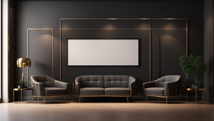 A dark-themed living room with a couch and two chairs in front of a blank frame on the wall.

