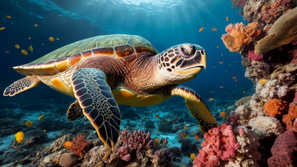 Fototapeta premium Sea Turtle Resting Among Colorful Coral Formations Imagine a cinematic underwater image of a sea turtle resting peacefully among colorful coral formations