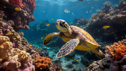 Obraz premium Sea Turtle Resting Among Colorful Coral Formations Imagine a cinematic underwater image of a sea turtle resting peacefully among colorful coral formations