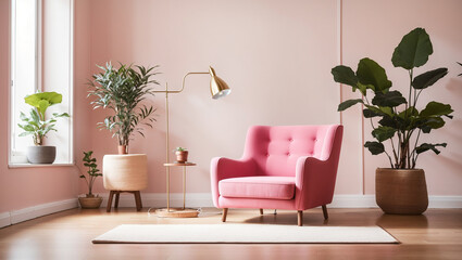 A pink armchair sits in the center of a room interior  with pink walls and brown wooden flooring.