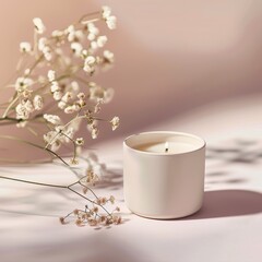 Beige Candle in Relaxing Spa Setting, Copyspace Included, Ideal for Calm and Serene Atmospheres