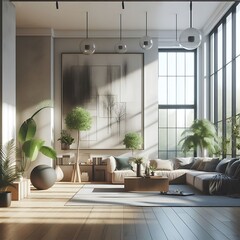 A living Room with a mockup poster empty white and with large windows and a large couch art attractive harmony art.