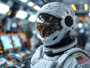Fototapeta premium Astronaut in Futuristic Spacecraft Control Room