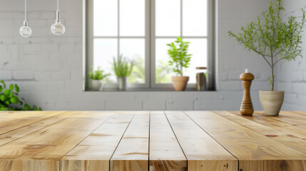 Fototapeta premium Kitchen background top counter interior wood blur home wooden empty room light white. Top kitchen product background desk modern window food display design texture tabletop restaurant board wall space