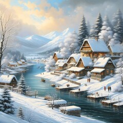 Scenic snowy village nestled in the mountains, where a gentle river flows under a charming bridge.