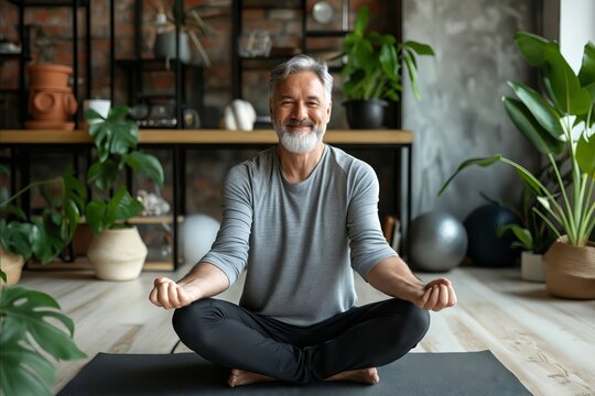 Senior man doing yoga in the living room.