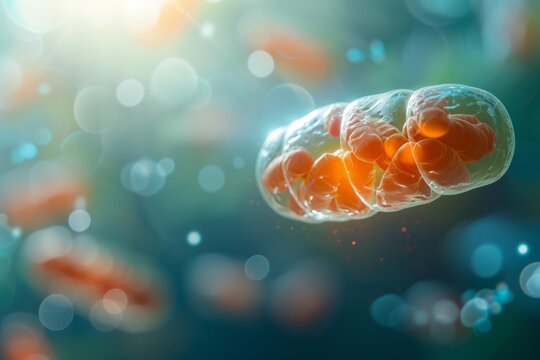 Modern and vibrant illustration of mitochondria within a cell in a clean, minimal design. Space for text in the bottom right corner.