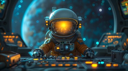 Astronaut Monitoring Futuristic Rocket Control Panel in Spacecraft Cabin