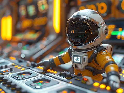 Cartoon Spaceman Controlling Futuristic Spacecraft Cockpit Dashboard - Powered by Adobe