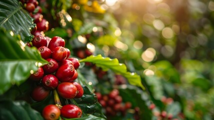 Obraz premium Enormous coffee beans curving gracefully, surrounded by rich green foliage, representing the critical role in coffee cultivation and industry