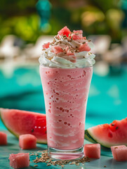 watermelon frappe summer refreshing drink with whip cream.