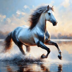 Painting featuring a white horse galloping through the water under the setting sun.