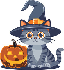 pumpkin cat. Collection kiiten with pumkin. Fuuny pets. Happy halloween. Scary print for design. Vector illustration on white background.