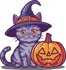 pumpkin cat. Collection kiiten with pumkin. Fuuny pets. Happy halloween. Scary print for design. Vector illustration on white background.